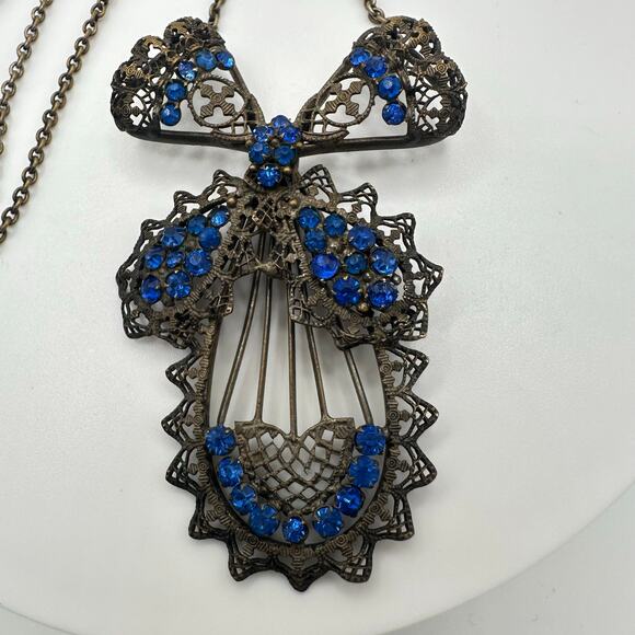 Antique Art Deco 1920s blue Czech glass rhinestones brass filigree necklace - Picture 4 of 8